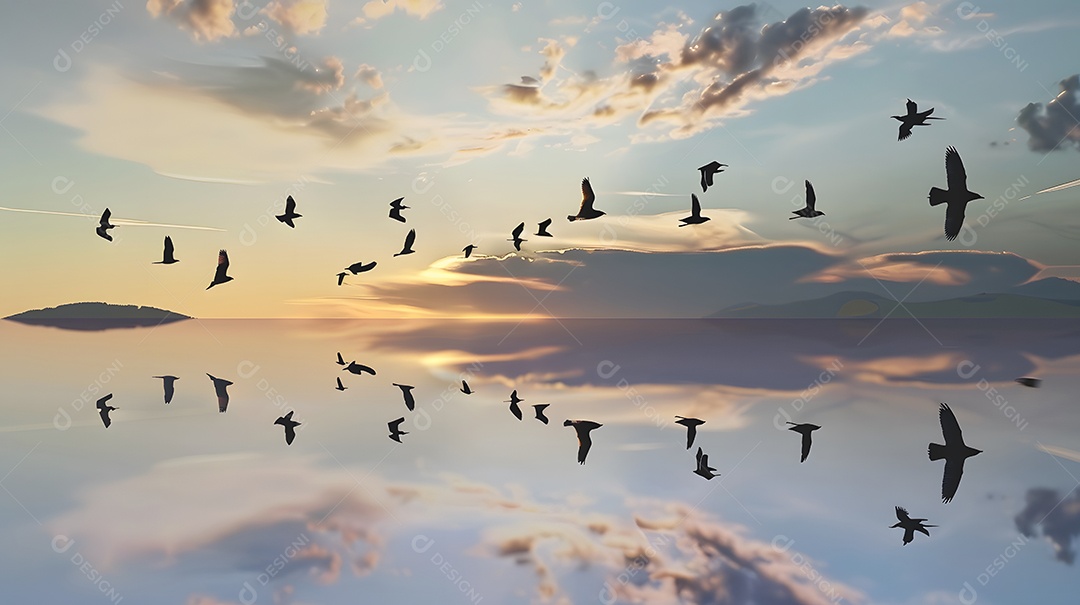 Pássaros voando acima seus reflexos espelhados na água abaixo