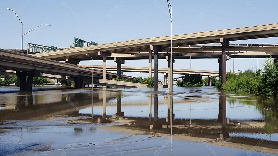 Pontes e viadutos submersos com apenas os topos aparecendo acima da água