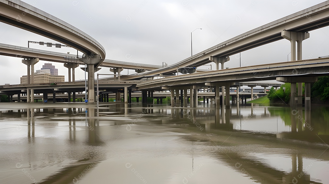 Pontes e viadutos submersos com apenas os topos aparecendo acima da água