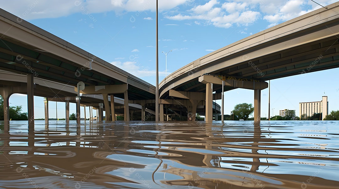 Pontes e viadutos submersos com apenas os topos aparecendo acima da água
