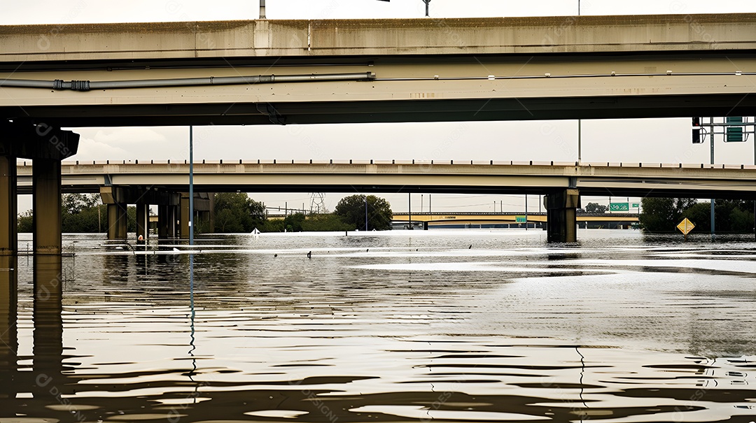 Pontes e viadutos submersos com apenas os topos aparecendo acima da água