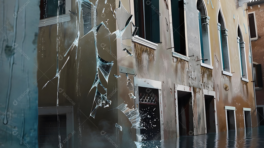 Edifícios com janelas quebradas e água escorrendo