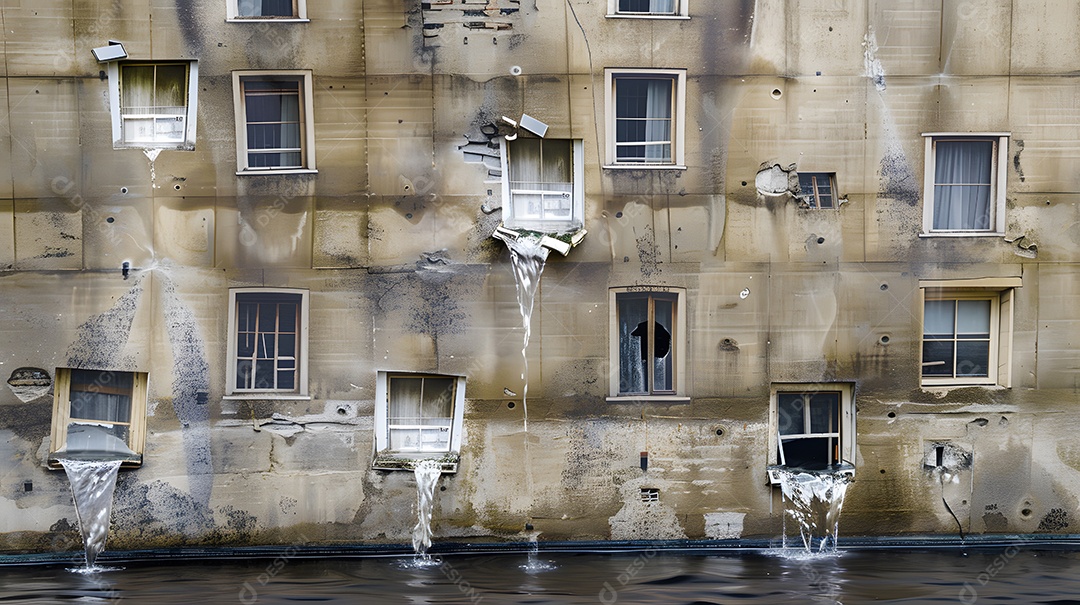 Edifícios com janelas quebradas e água escorrendo