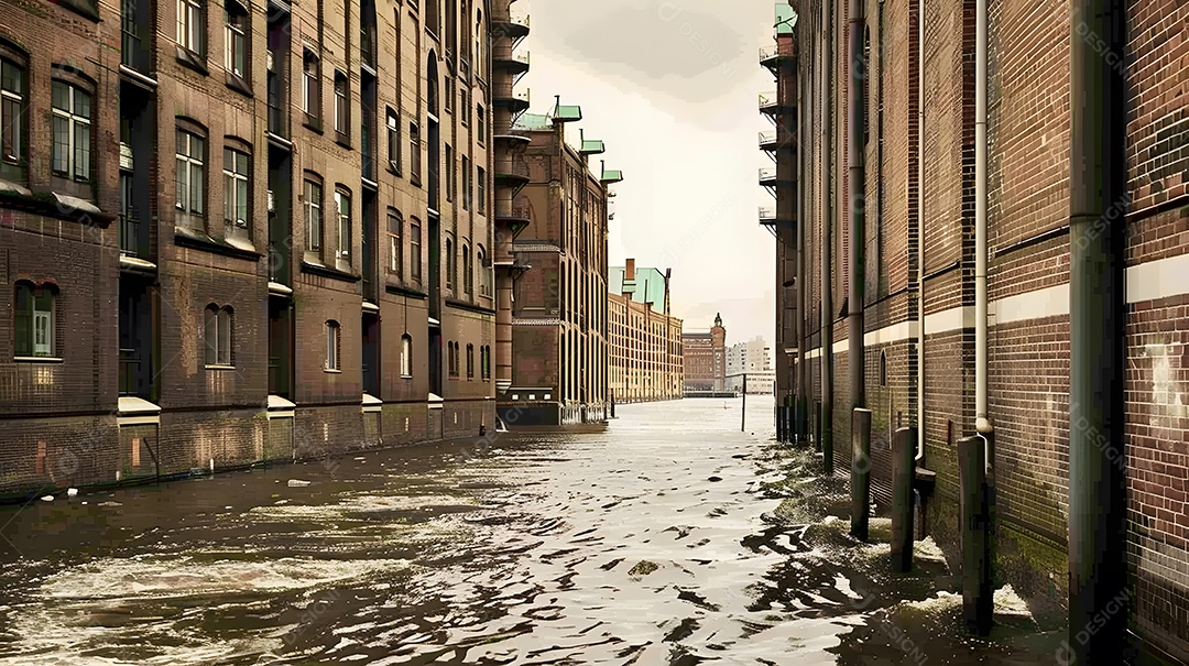 Árvores e postes de iluminação saindo da água