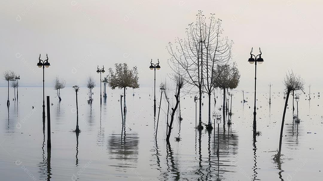 Árvores e postes de iluminação saindo da água