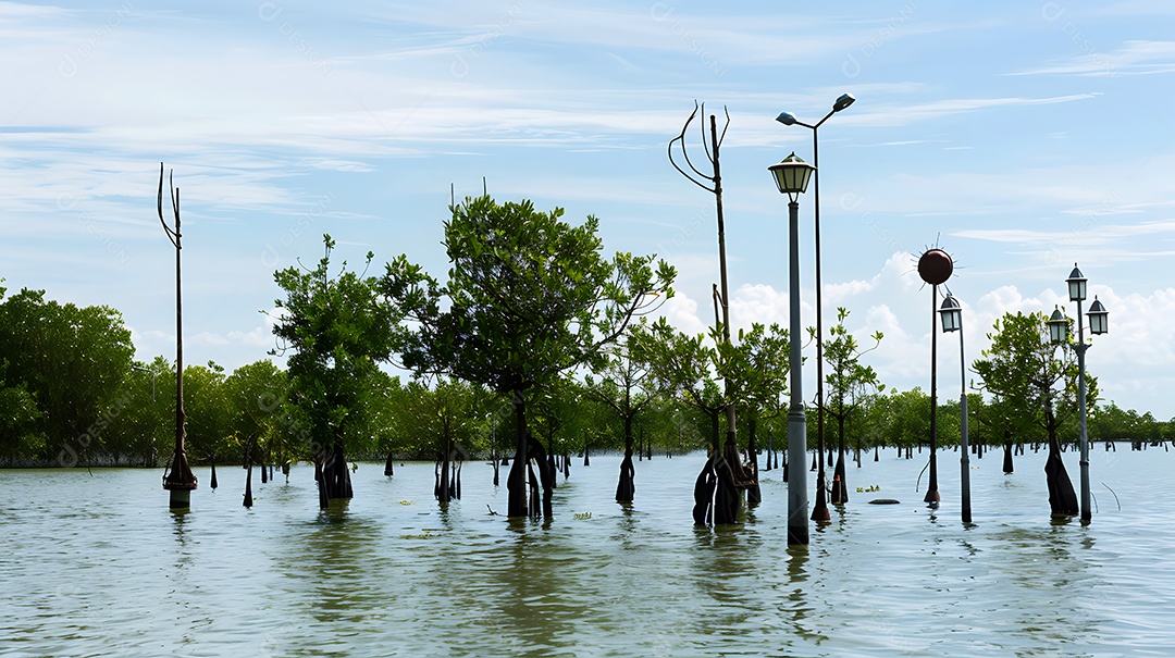 Árvores e postes de iluminação saindo da água
