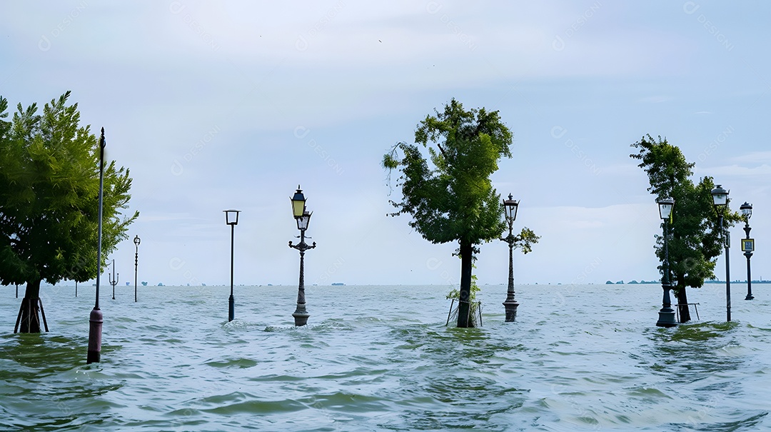 Árvores e postes de iluminação saindo da água