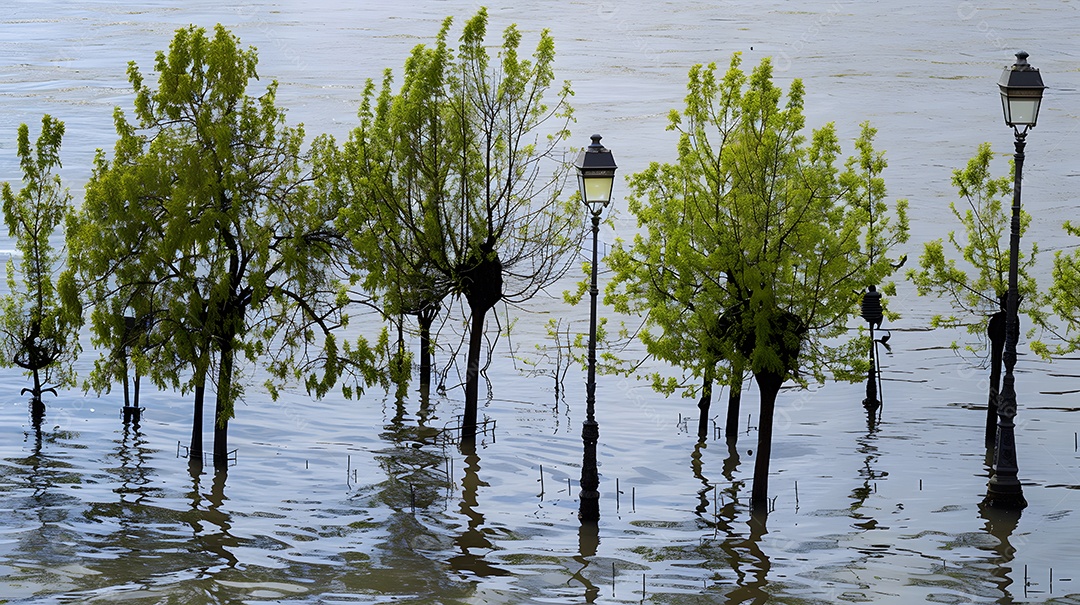 Árvores e postes de iluminação saindo da água