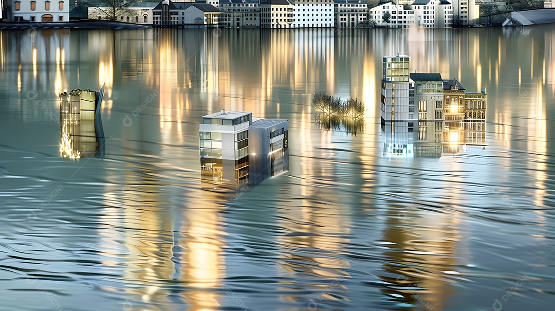 Uma cidade submersa na água com edifícios parcialmente submersos