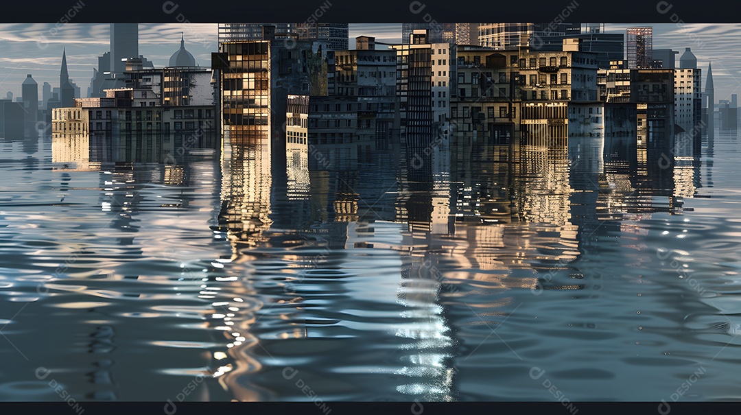 Uma cidade submersa na água com edifícios parcialmente submersos