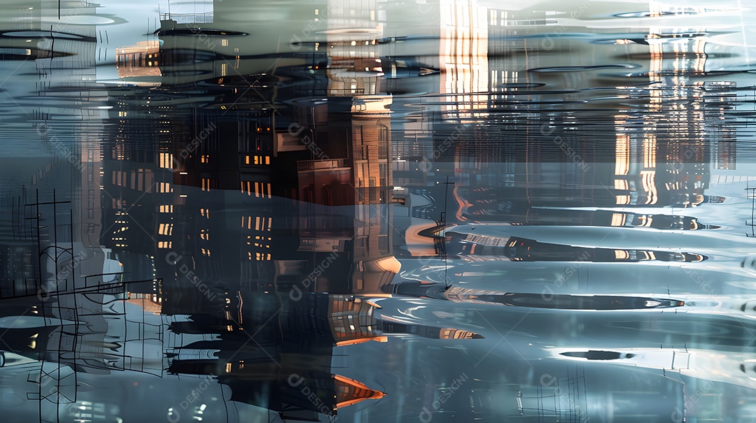 Uma cidade submersa na água com edifícios parcialmente submersos