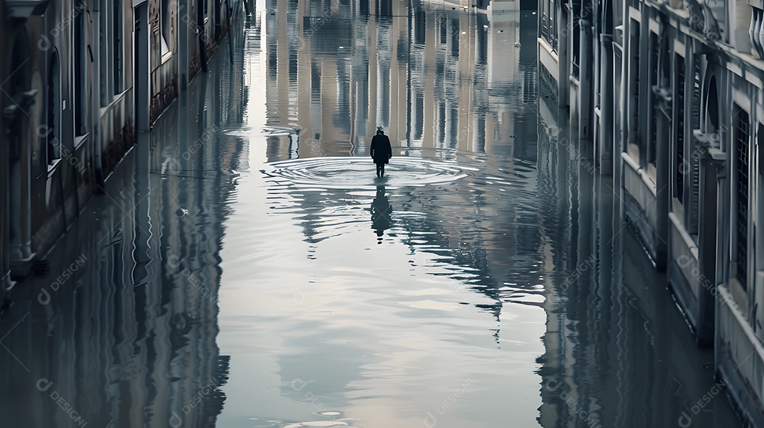 Uma figura solitária caminhando pela cidade inundada com seu reflexo visível na água