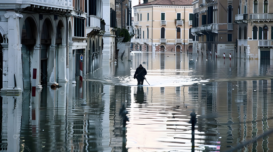 Uma figura solitária caminhando pela cidade inundada com seu reflexo visível na água