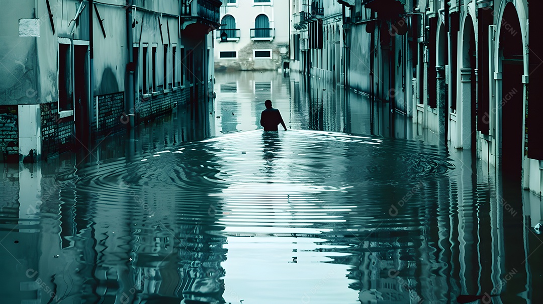 Uma figura solitária caminhando pela cidade inundada com seu reflexo visível na água