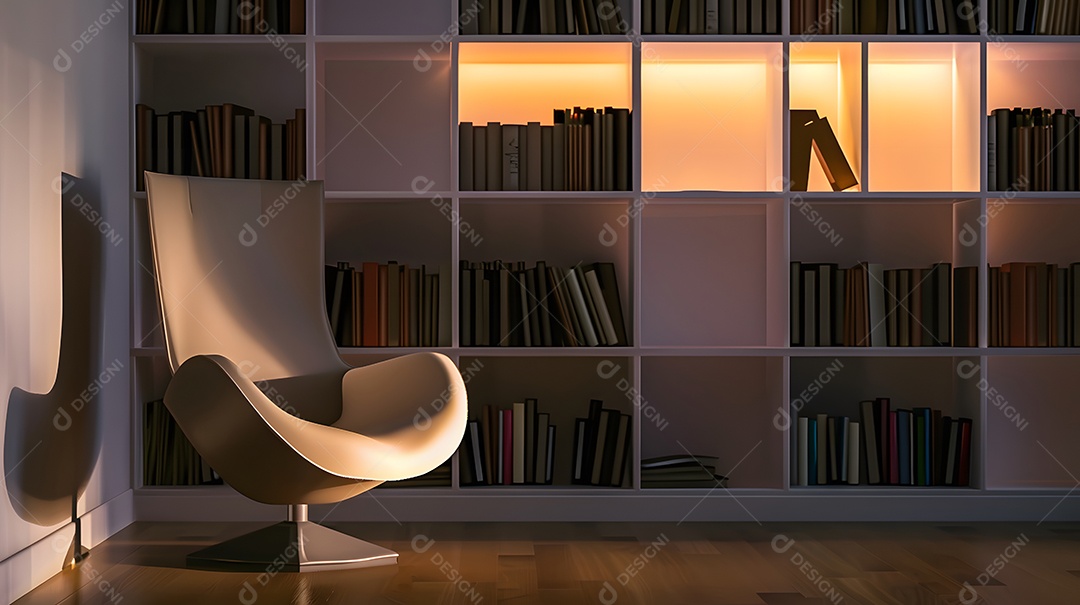 Um recanto de leitura aconchegante com uma poltrona elegante e estantes minimalistas