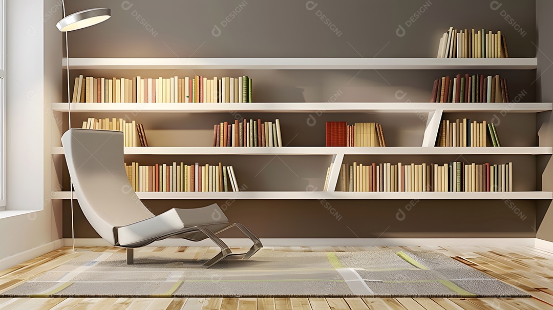 Um recanto de leitura aconchegante com uma poltrona elegante e estantes minimalistas