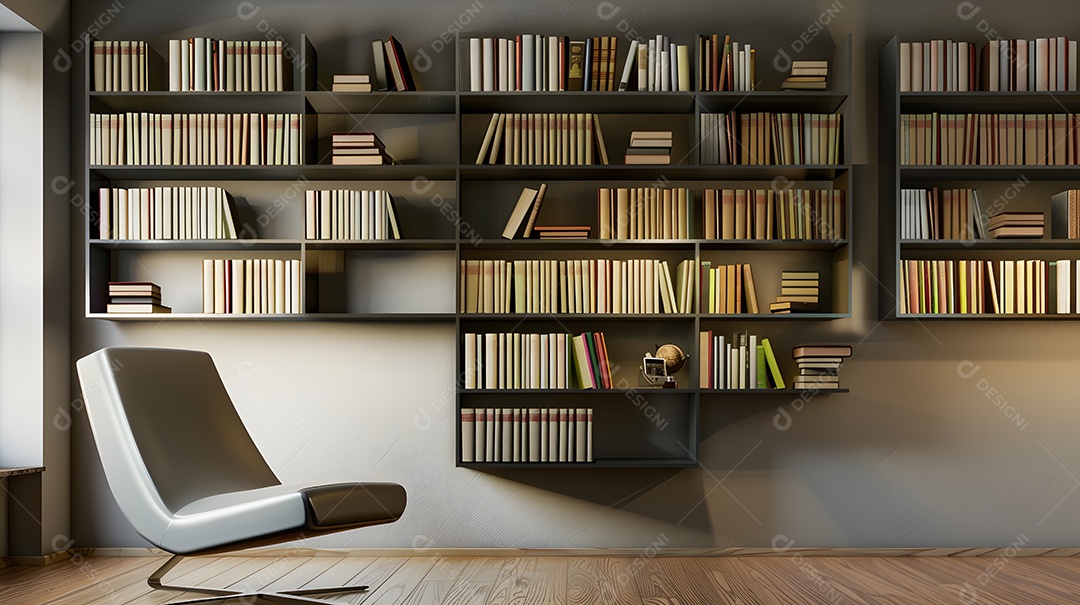 Um recanto de leitura aconchegante com uma poltrona elegante e estantes minimalistas