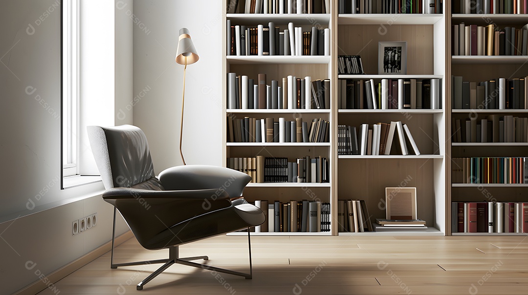 Um recanto de leitura aconchegante com uma poltrona elegante e estantes minimalistas