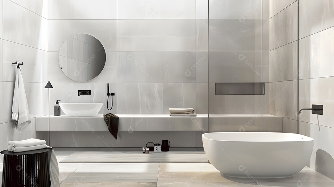 Um banheiro minimalista com azulejos monocromáticos e acessórios