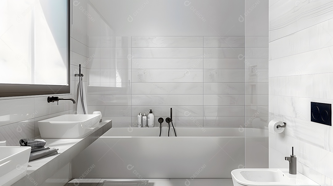 Um banheiro minimalista com azulejos monocromáticos e acessórios