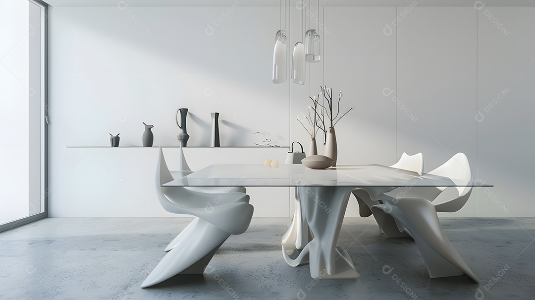 Uma sala de jantar minimalista com mesa elegante e cadeiras esculturais