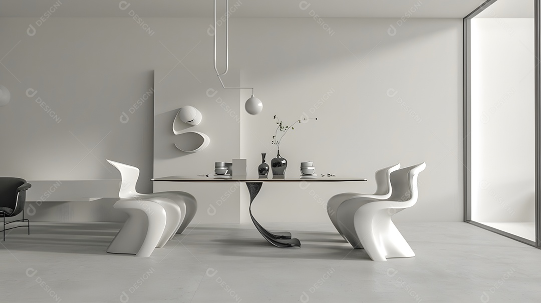 Uma sala de jantar minimalista com mesa elegante e cadeiras esculturais