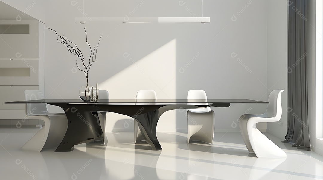 Uma sala de jantar minimalista com mesa elegante e cadeiras esculturais
