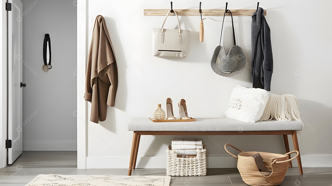 Uma entrada minimalista com um banco simples e arrumação organizada