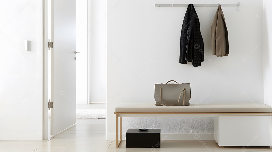 Uma entrada minimalista com um banco simples e arrumação organizada