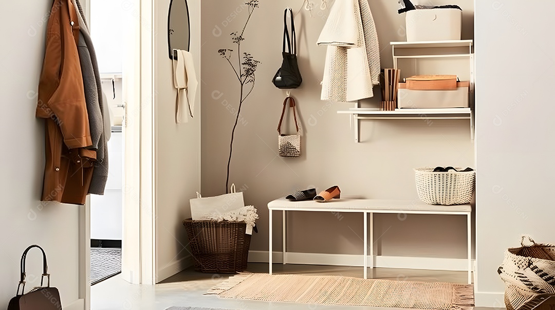 Uma entrada minimalista com um banco simples e arrumação organizada