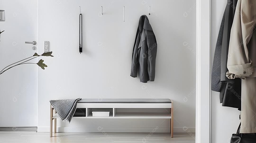 Uma entrada minimalista com um banco simples e arrumação organizada