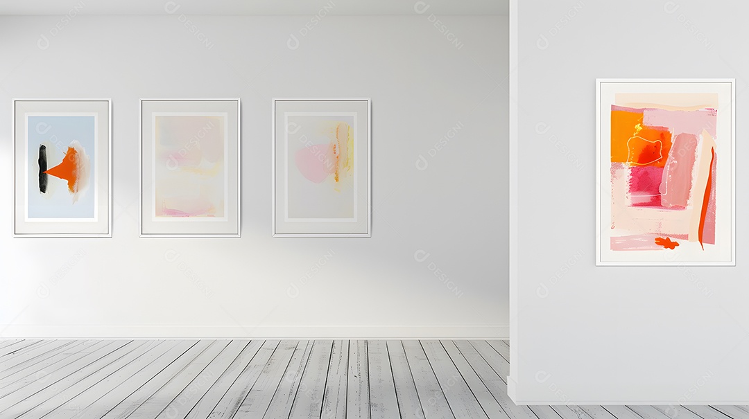 Uma parede de galeria minimalista com obras de arte abstratas