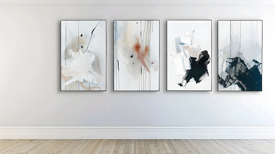 Uma parede de galeria minimalista com obras de arte abstratas