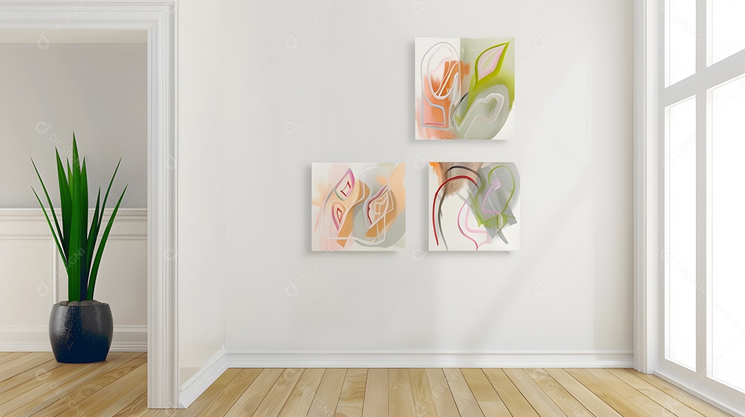 Uma parede de galeria minimalista com obras de arte abstratas