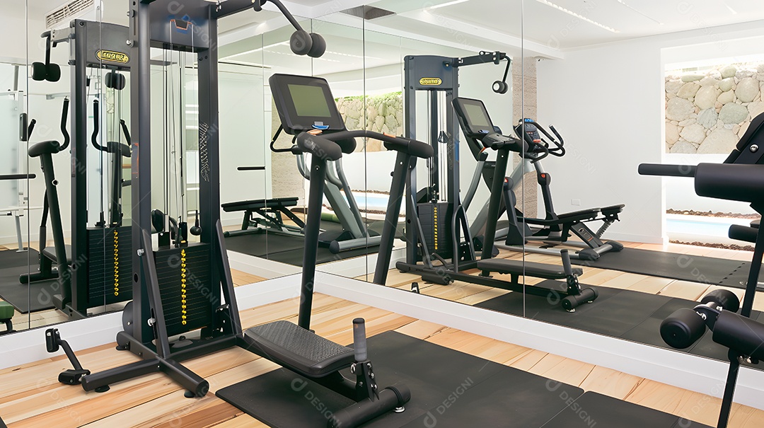 Uma academia doméstica minimalista com equipamentos na parede espelhada