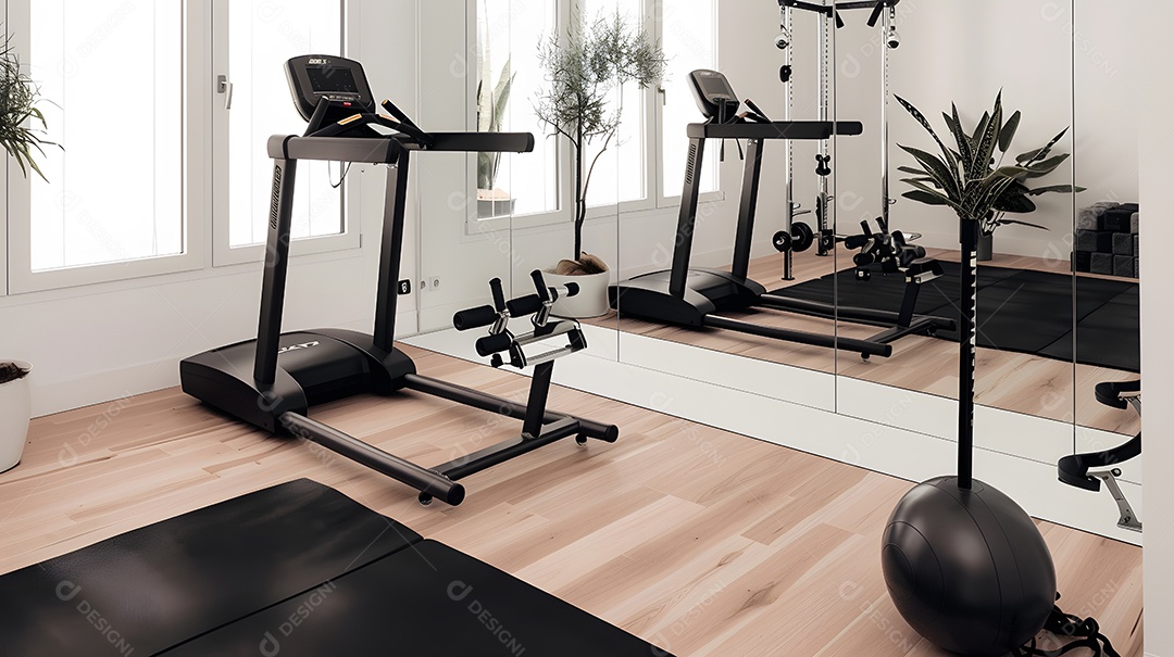 Uma academia doméstica minimalista com equipamentos na parede espelhada