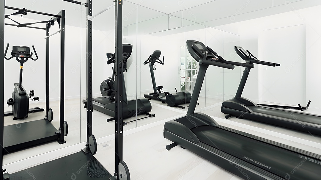 Uma academia doméstica minimalista com equipamentos na parede espelhada