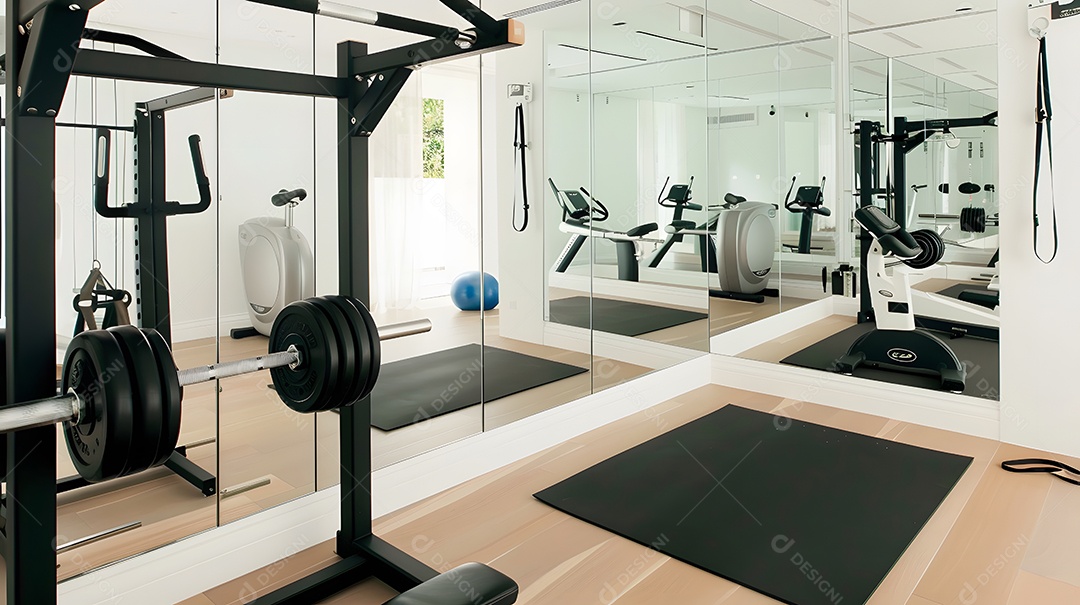 Uma academia doméstica minimalista com equipamentos