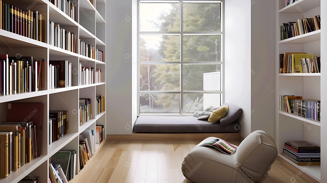 Uma biblioteca doméstica minimalista com estantes embutidas e um recanto