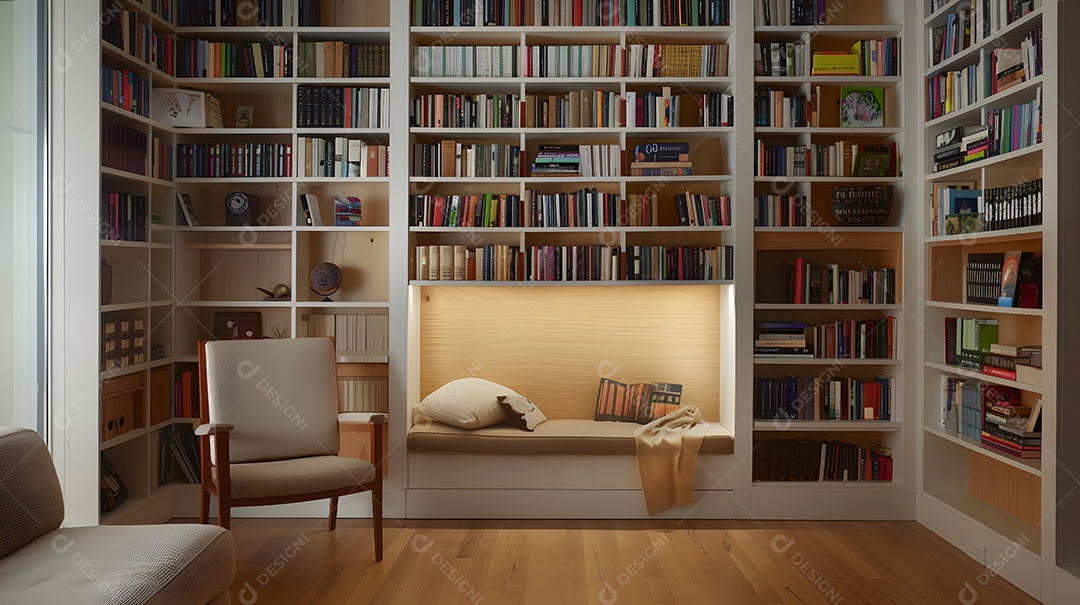 Uma biblioteca doméstica minimalista com estantes embutidas e um recanto