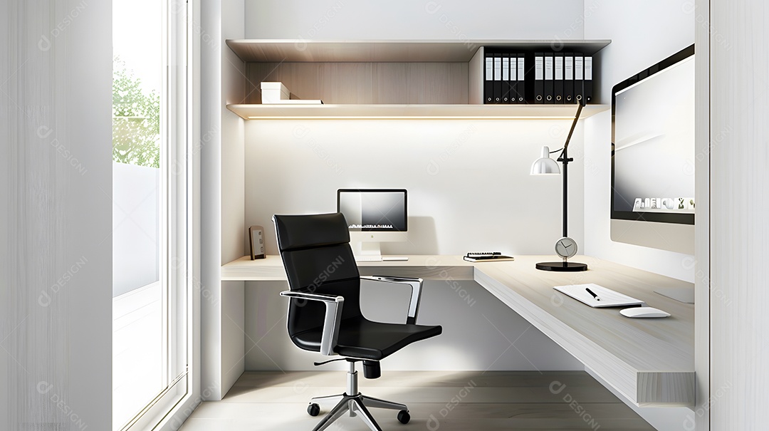 Um escritório doméstico minimalista com um espaço de trabalho organizado