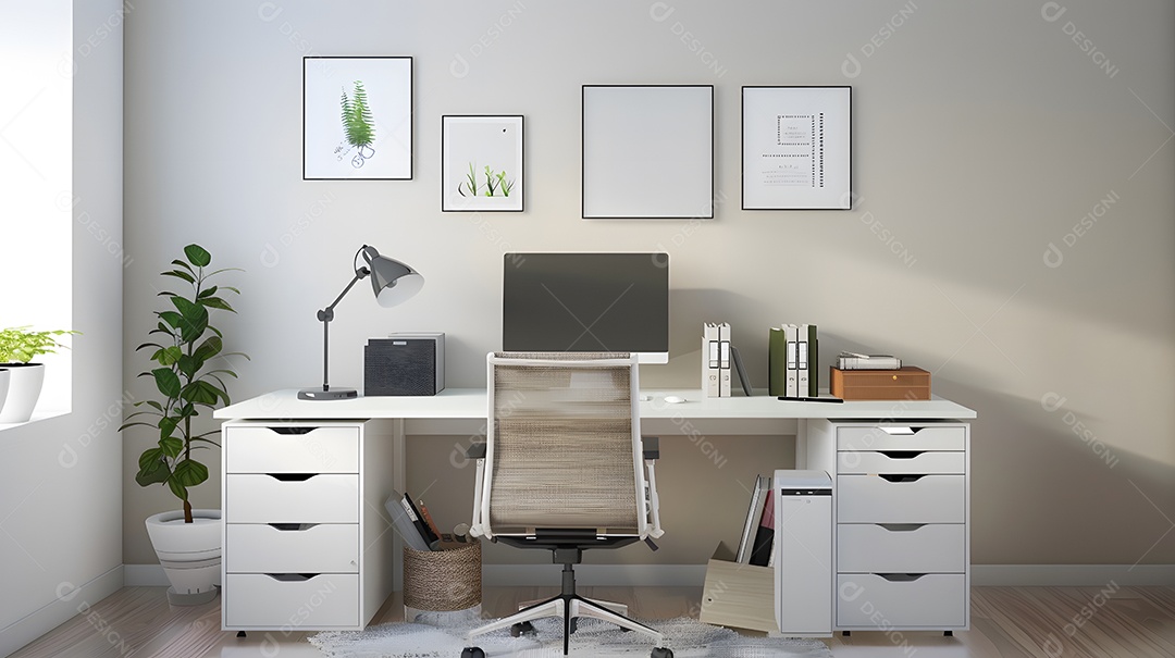 Um escritório doméstico minimalista com um espaço de trabalho organizado