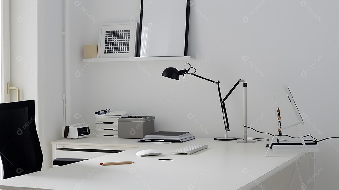Um escritório doméstico minimalista com um espaço de trabalho organizado