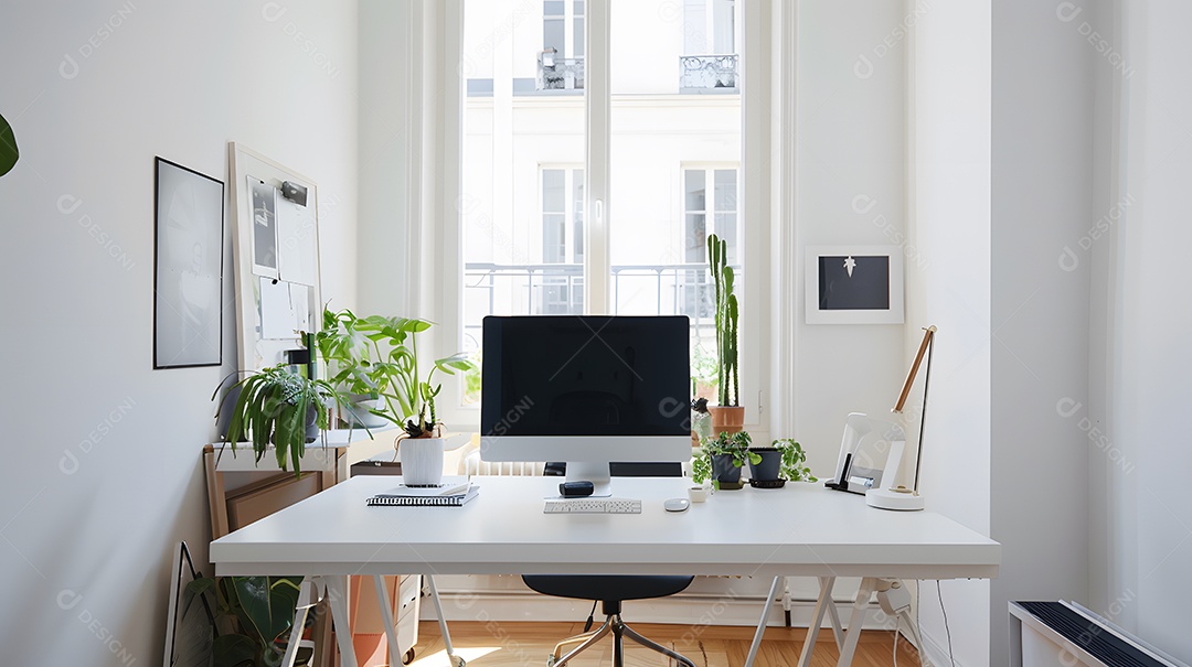 Um escritório doméstico minimalista com um espaço de trabalho organizado