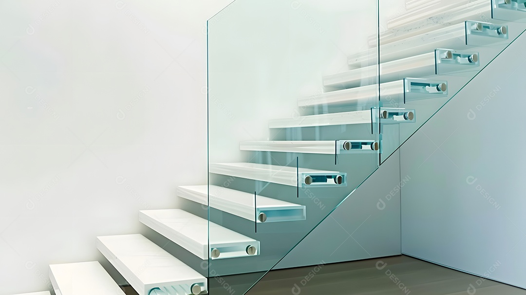 Uma escada minimalista com degraus flutuantes e corrimão de vidro