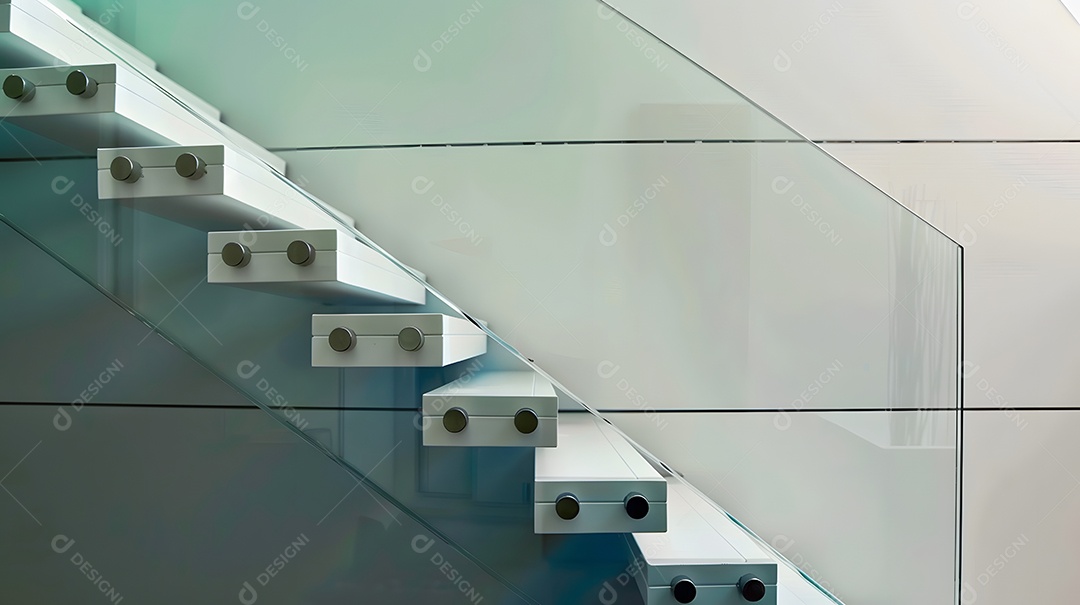 Uma escada minimalista com degraus flutuantes e corrimão de vidro