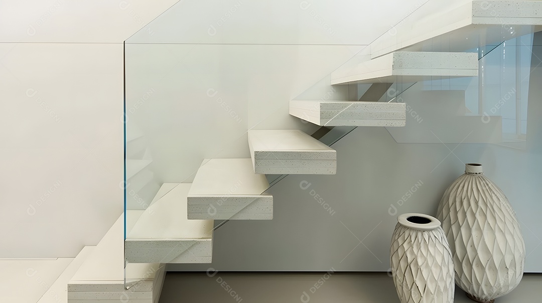 Uma escada minimalista com degraus flutuantes e corrimão de vidro