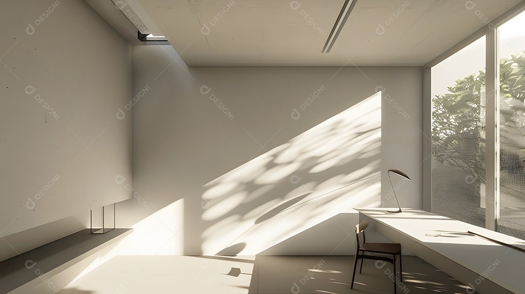 Um escritório minimalista com uma mesa simples e muita luz natural
