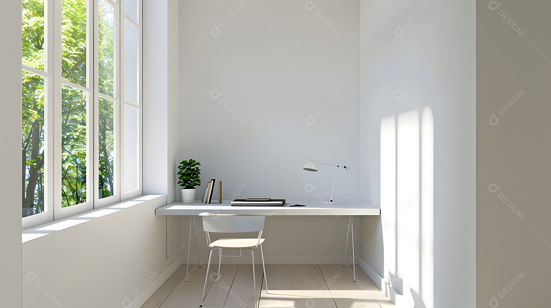 Um escritório minimalista com uma mesa simples e muita luz natural