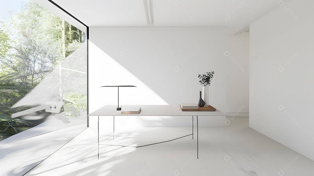 Um escritório minimalista com uma mesa simples e muita luz natural